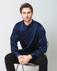 メンズ シルク カジュアル バンドカラーシャツ