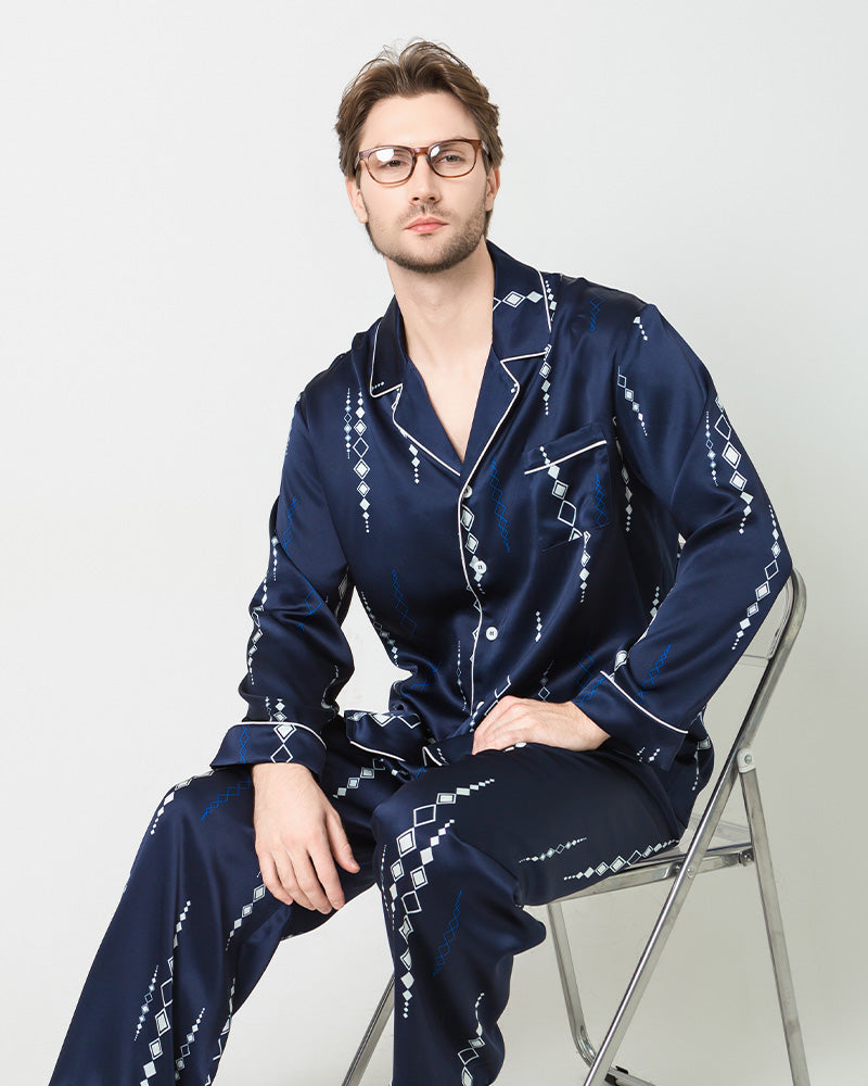 シルク素材 ネイビープリント柄 パジャマセット