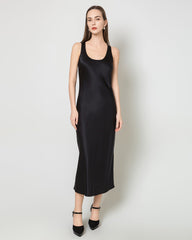 シルク ラウンドネック ウエストギャザーロングドレス