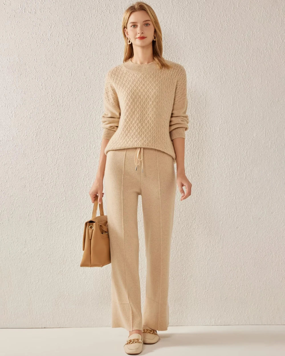 Textured Knit Pattern Cashmere Sweater, Camel