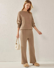 Textured Knit Pattern Cashmere Sweater, Dark Camel