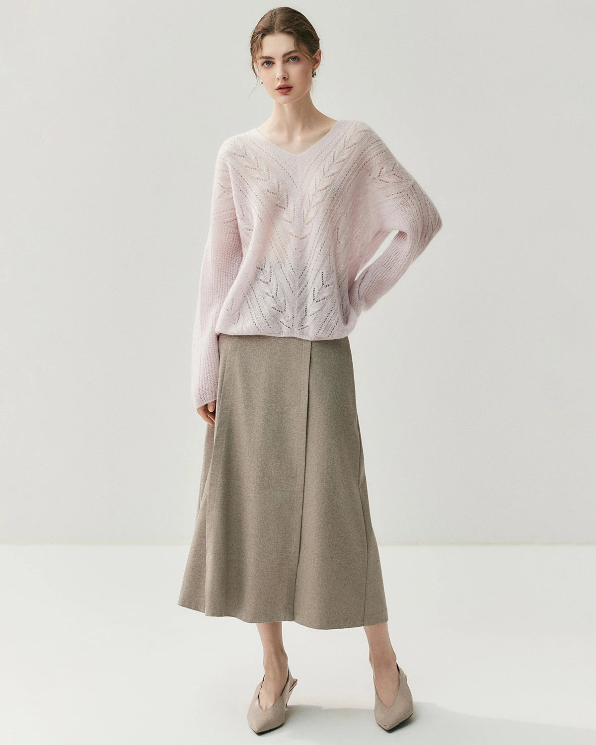 Vネック ケーブル編み シルクカシミヤセーター