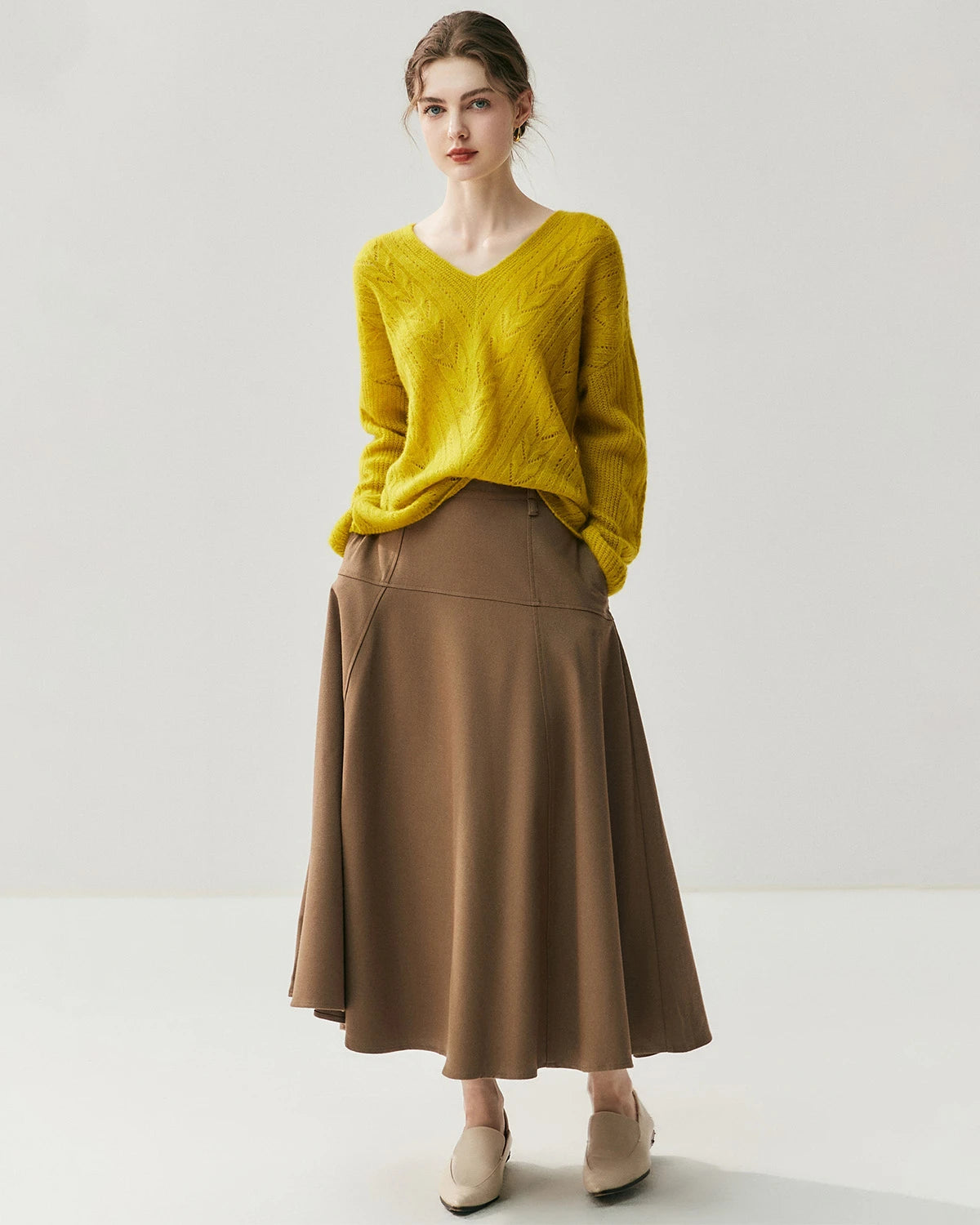 Vネック ケーブル編み シルクカシミヤセーター