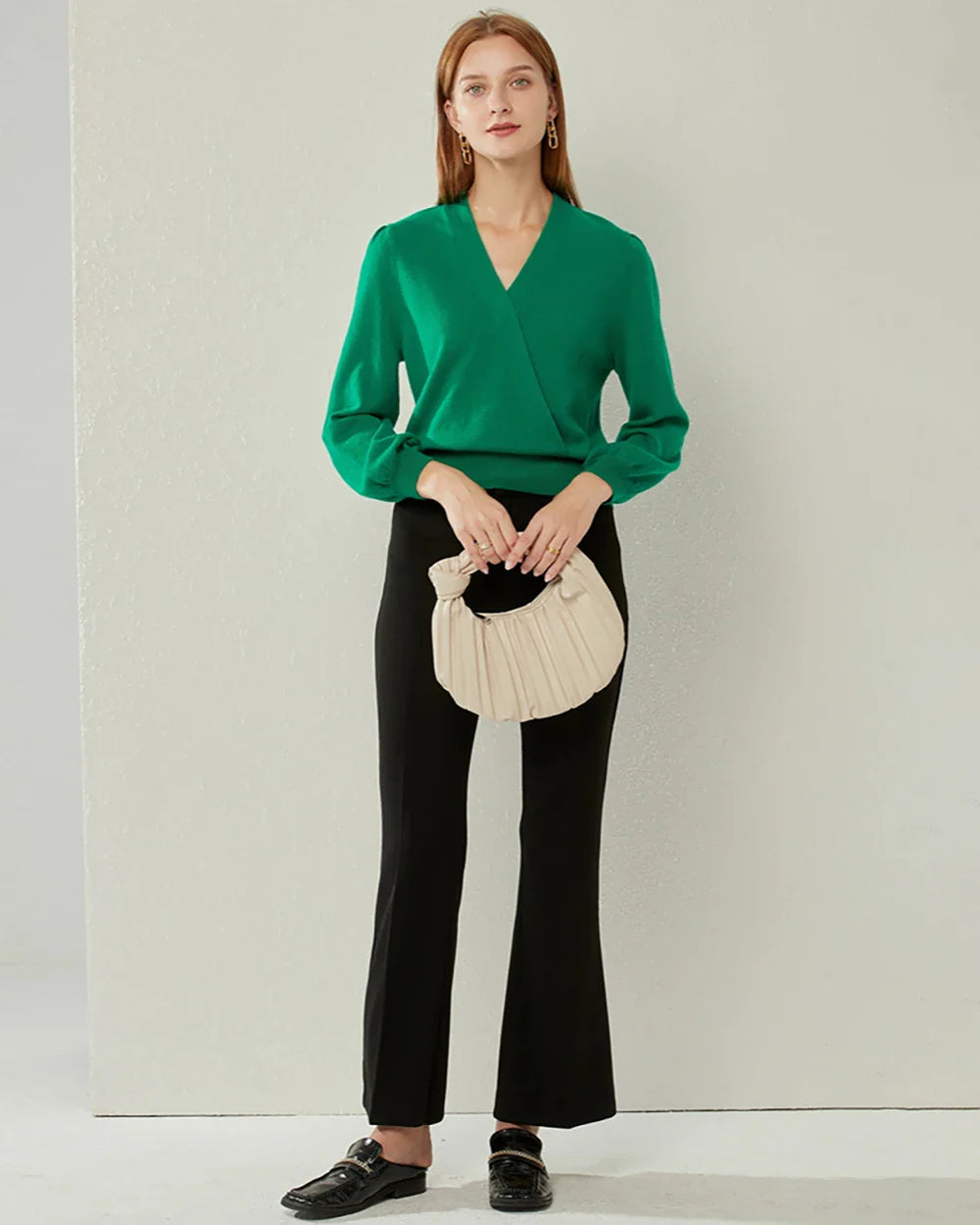 Vネック ランタン袖 カシミヤセーター