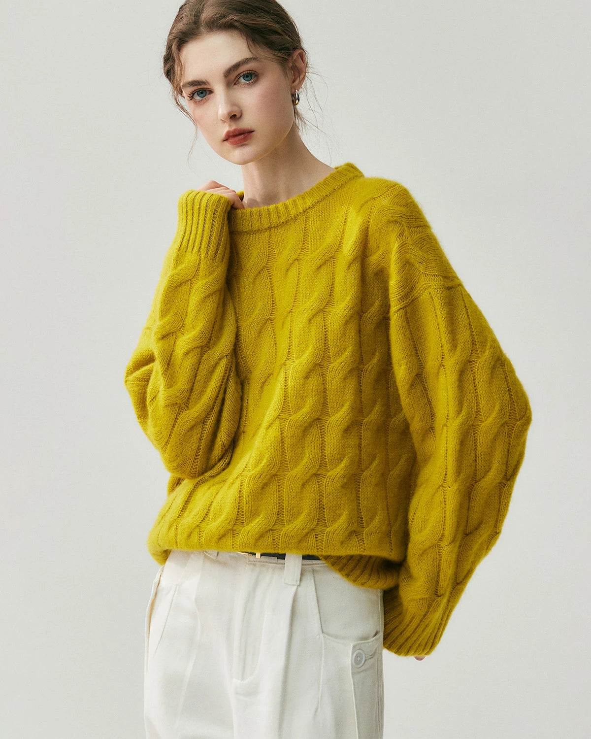レディース ケーブル編み シルクカシミヤ オーバーサイズプルオーバー
