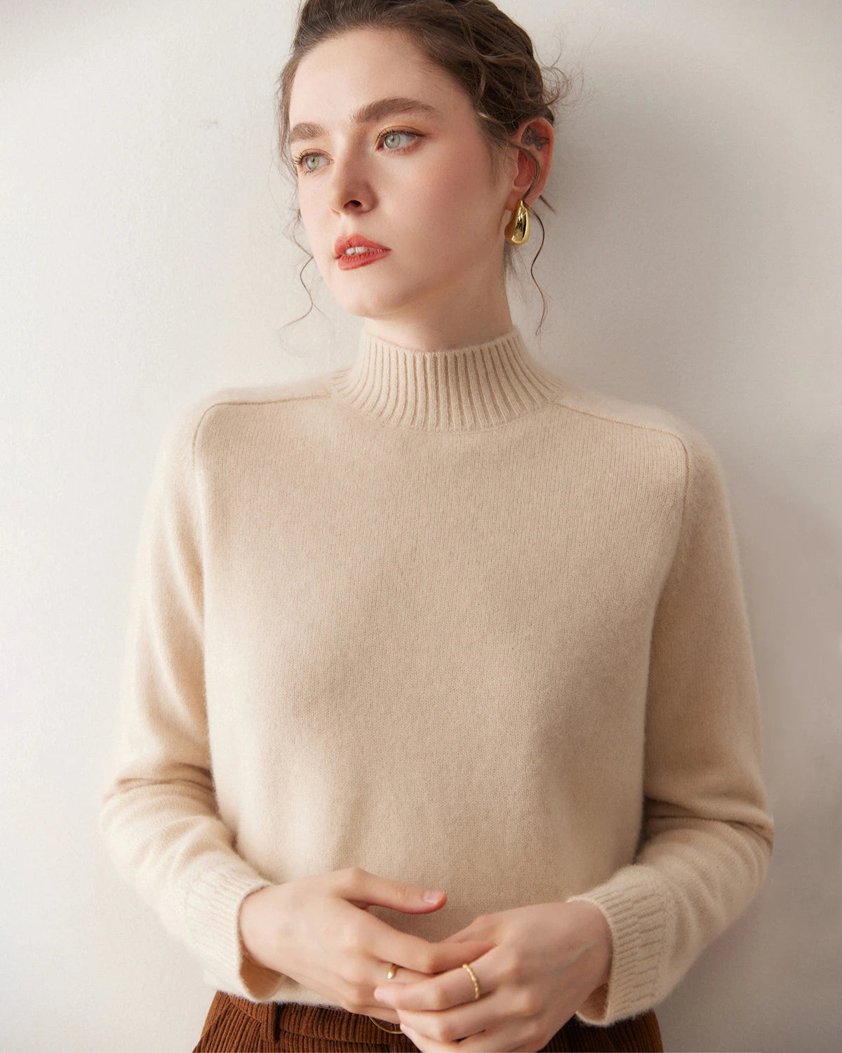 レディース ケーブルトリム ラグラン カシミヤセーター