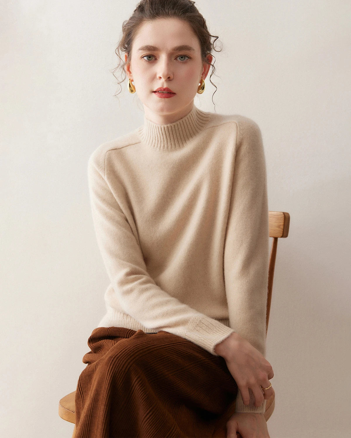 レディース ケーブルトリム ラグラン カシミヤセーター