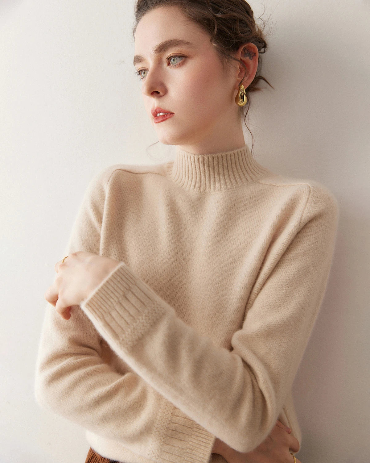 レディース ケーブルトリム ラグラン カシミヤセーター