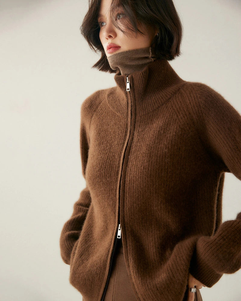 レディース カシミヤウール ジップアップカーディガン