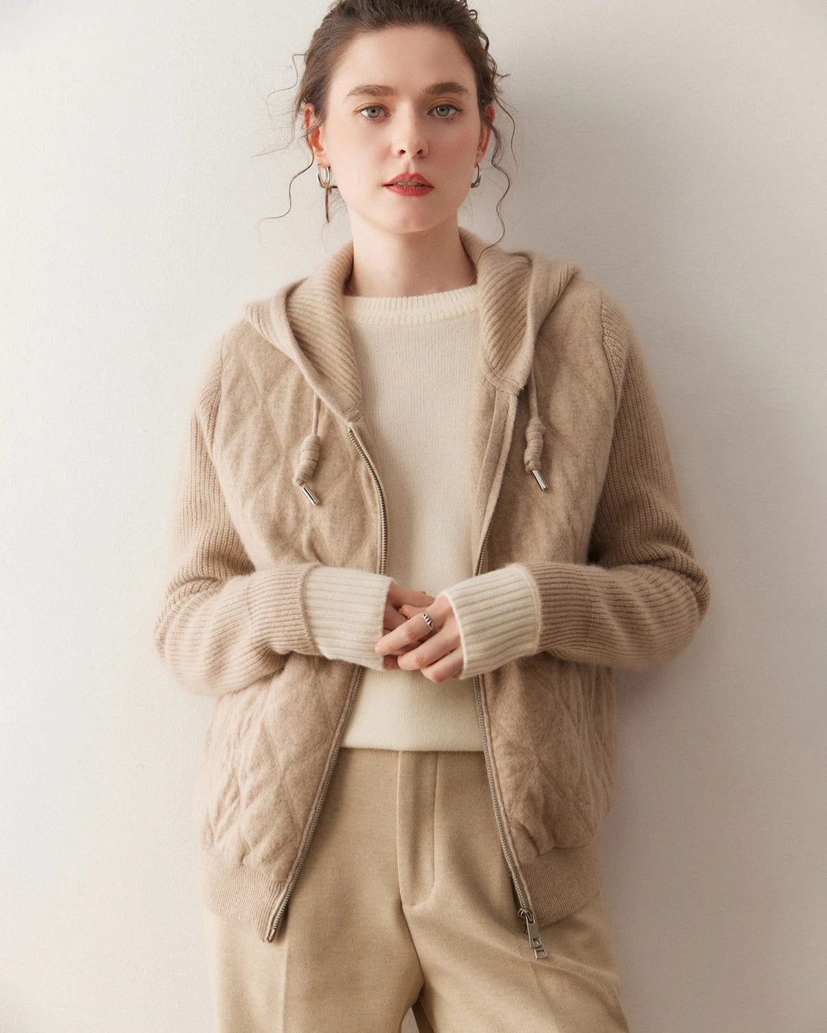 レディース カシミヤ フード付きジップアップカーディガン