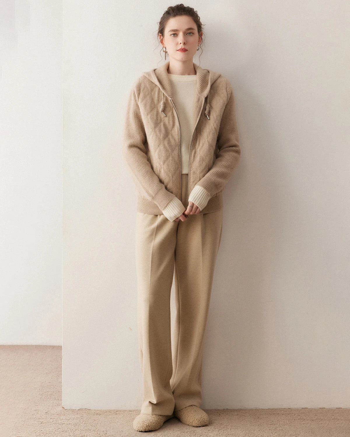 レディース カシミヤ フード付きジップアップカーディガン