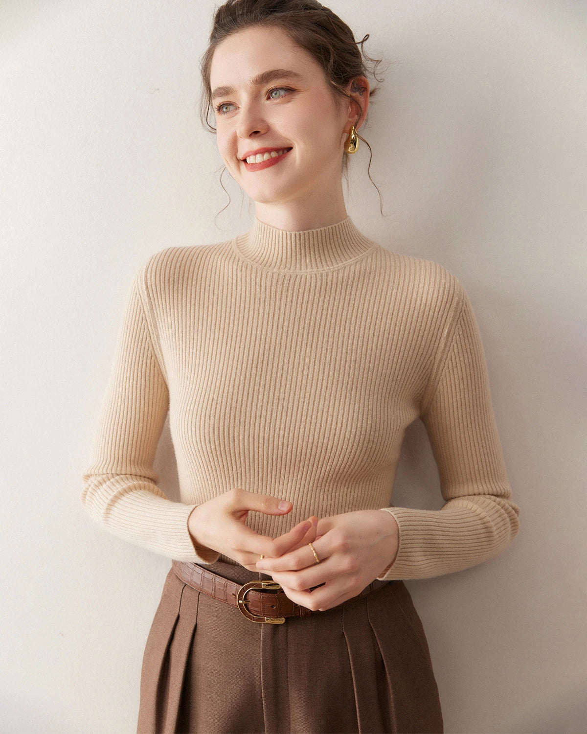 レディーススリムフィットカシミヤベースレイヤー