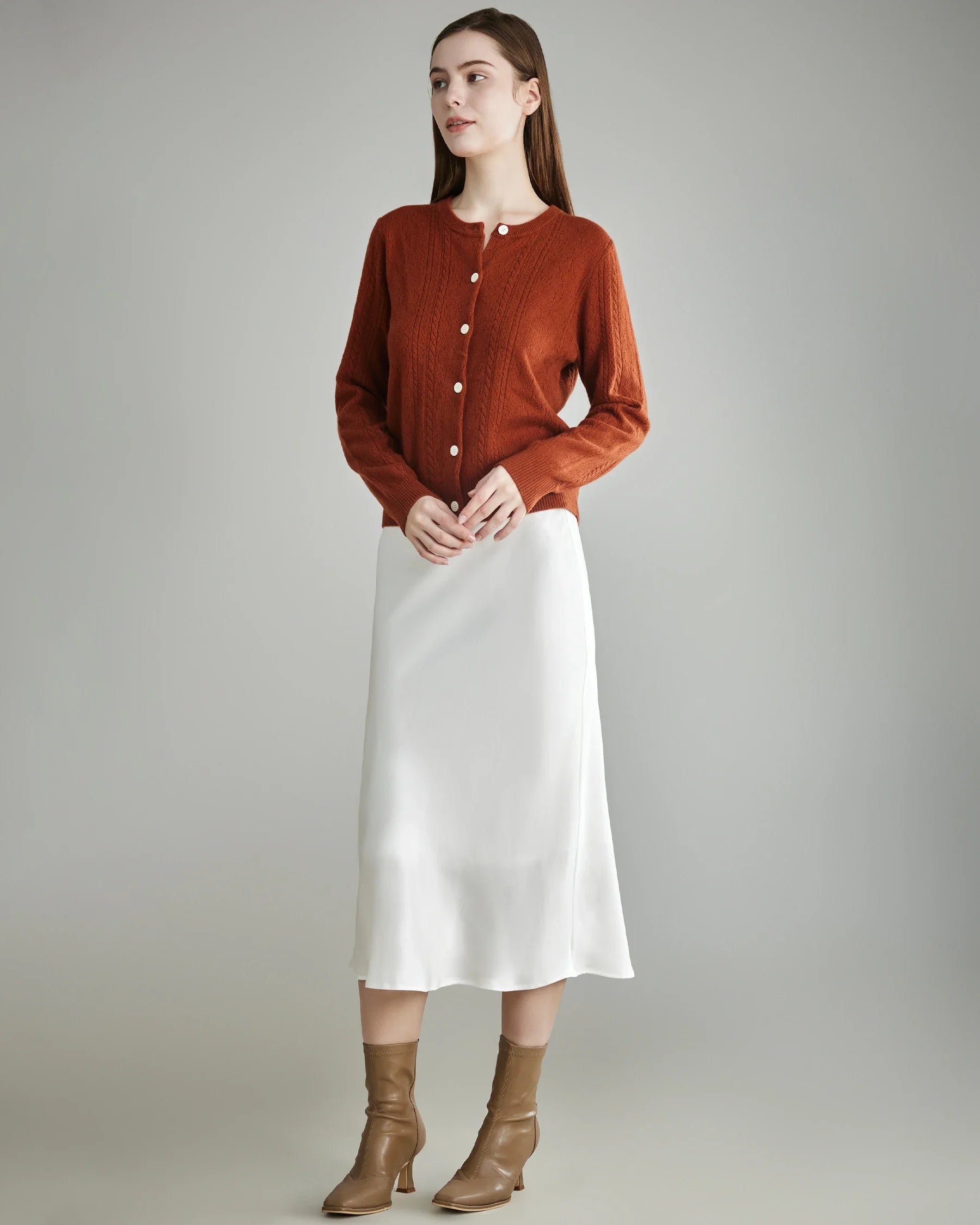 レディース ケーブルニット カシミヤカーディガン