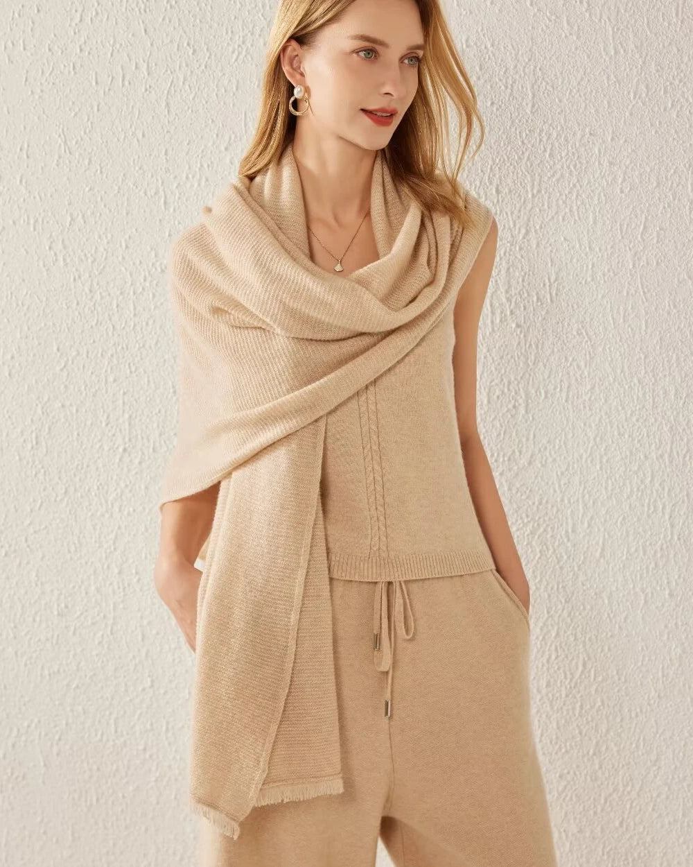 Women's Cashmere Fringe Scarf, Camel