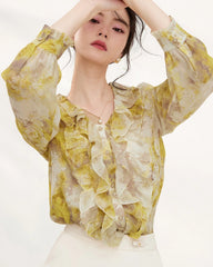 イエローシルク 花柄 フリル 長袖ブラウス