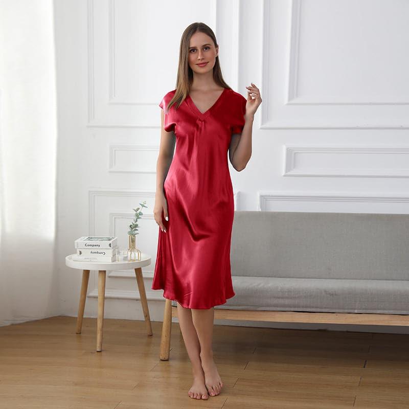 19 Momme Relaxed Fit V-neck Silk Nightgown, Red