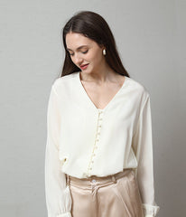 深Vネック 長袖 シルクブラウス