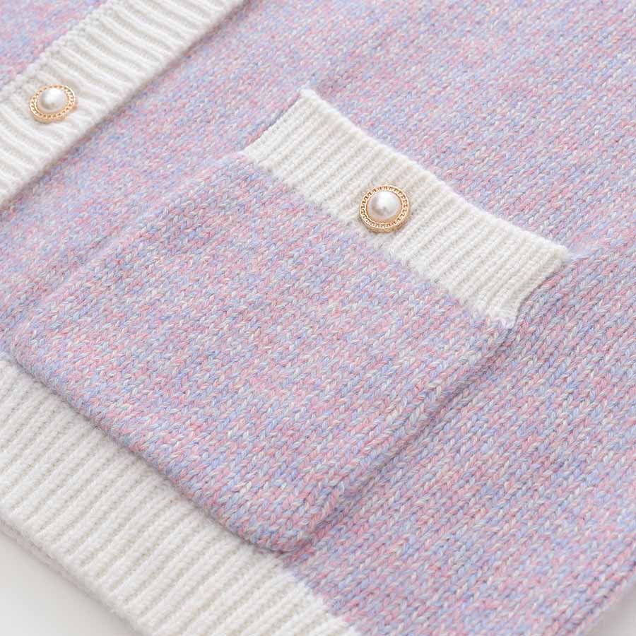 ライラック色カシミヤカーディガン パールボタン付き