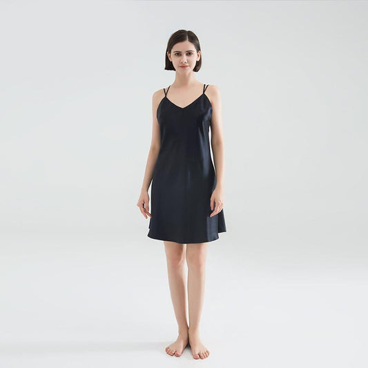 Classic Short Silk Nightgown Sleepwear, Black