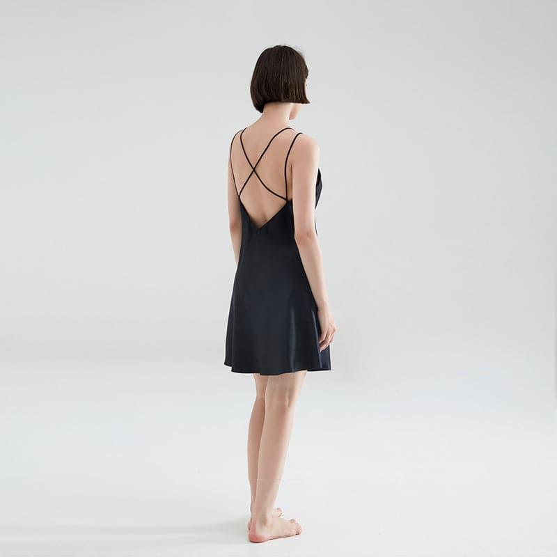 Classic Short Silk Nightgown Sleepwear, Black