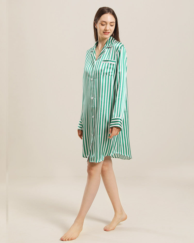 Stripe Silk Nightshirt Sleepwear, Green and White