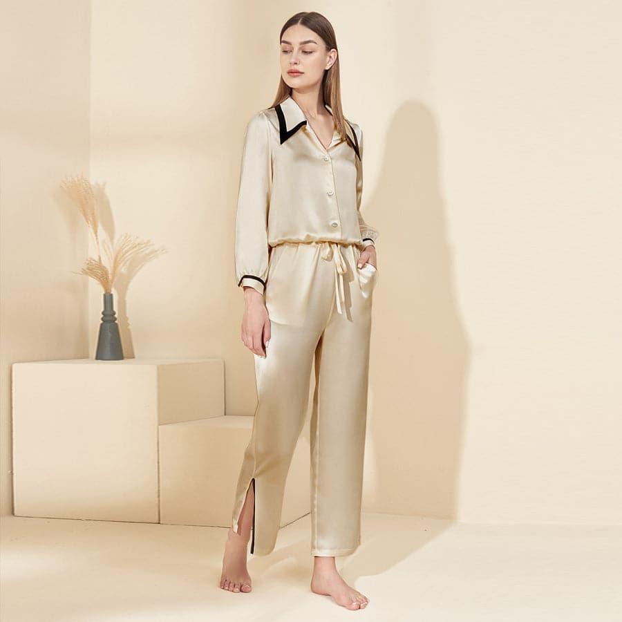 Peaked Collar Silk Pajamas, Champagne