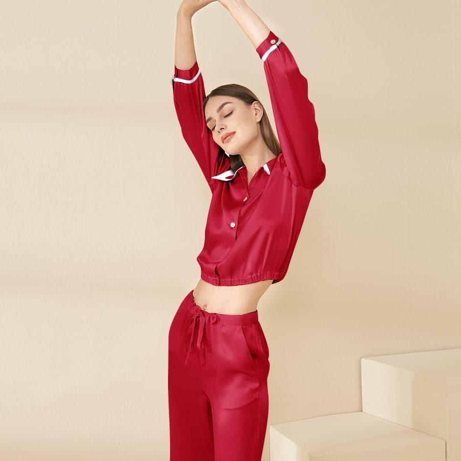 Peaked Collar Silk Pajamas, Red
