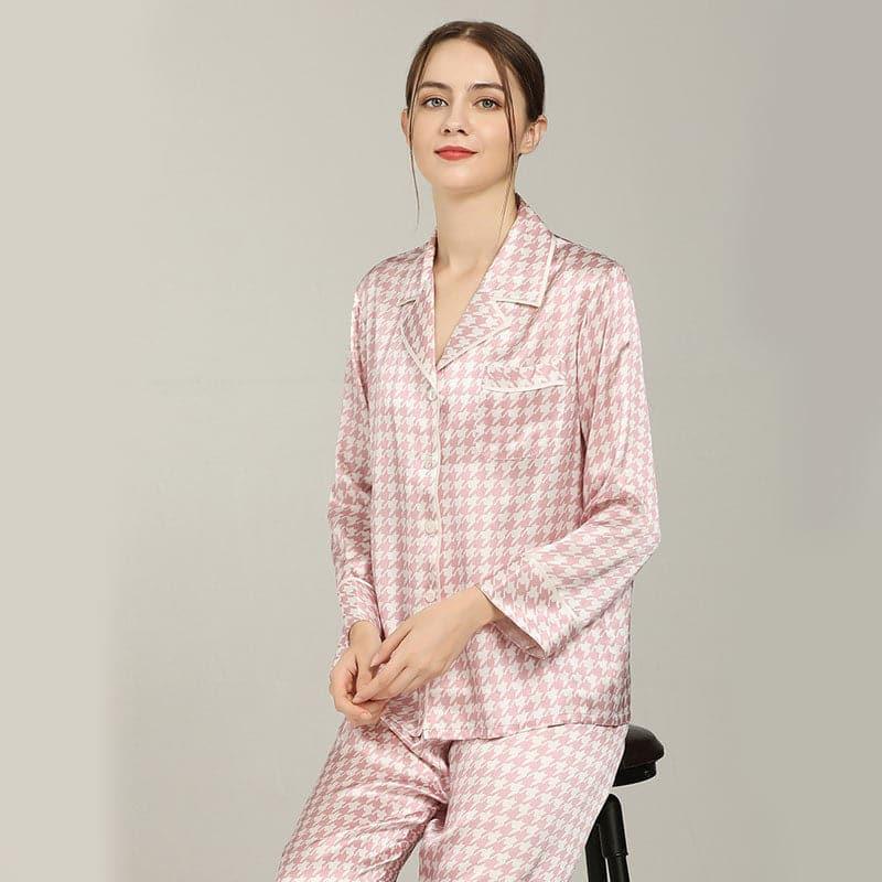 Houndstooth Print Silk Pajama Set, Pink and White