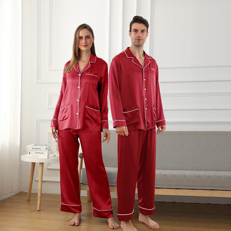 Long Silk Pajamas Home Wear For Couple, Red