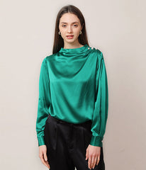 Mock Neck Silk Blouse with Pearl Button, Dark Green