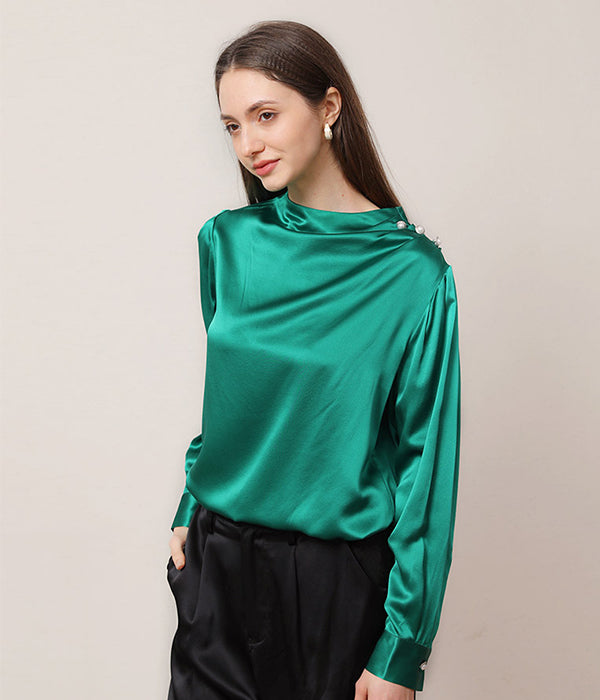 Mock Neck Silk Blouse with Pearl Button, Dark Green