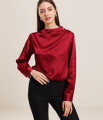 Mock Neck Silk Blouse with Pearl Button, Red