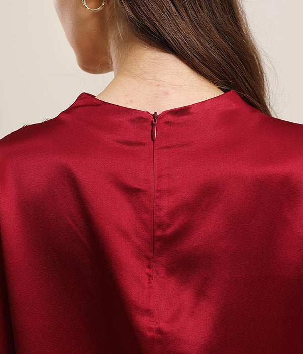 Mock Neck Silk Blouse with Pearl Button, Red
