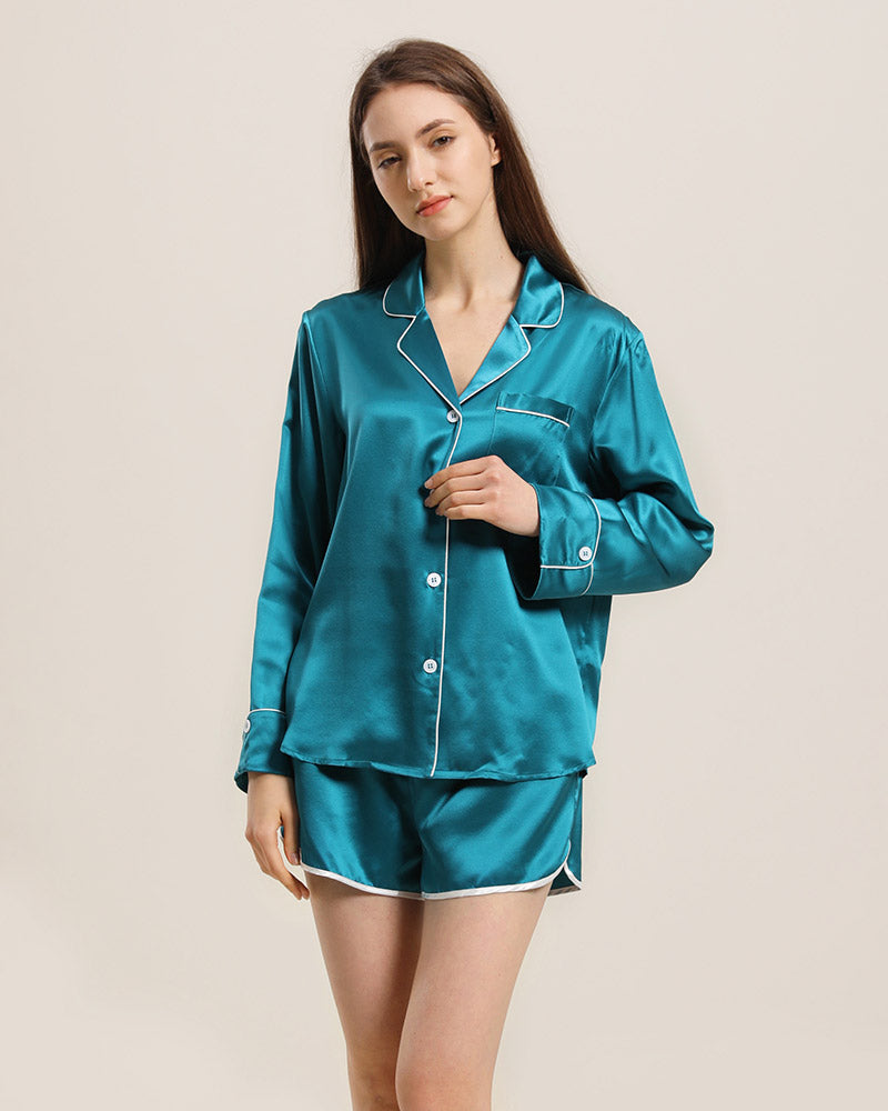 Relax Silk Shirt Shorts Pajamas Set, Peacock Blue