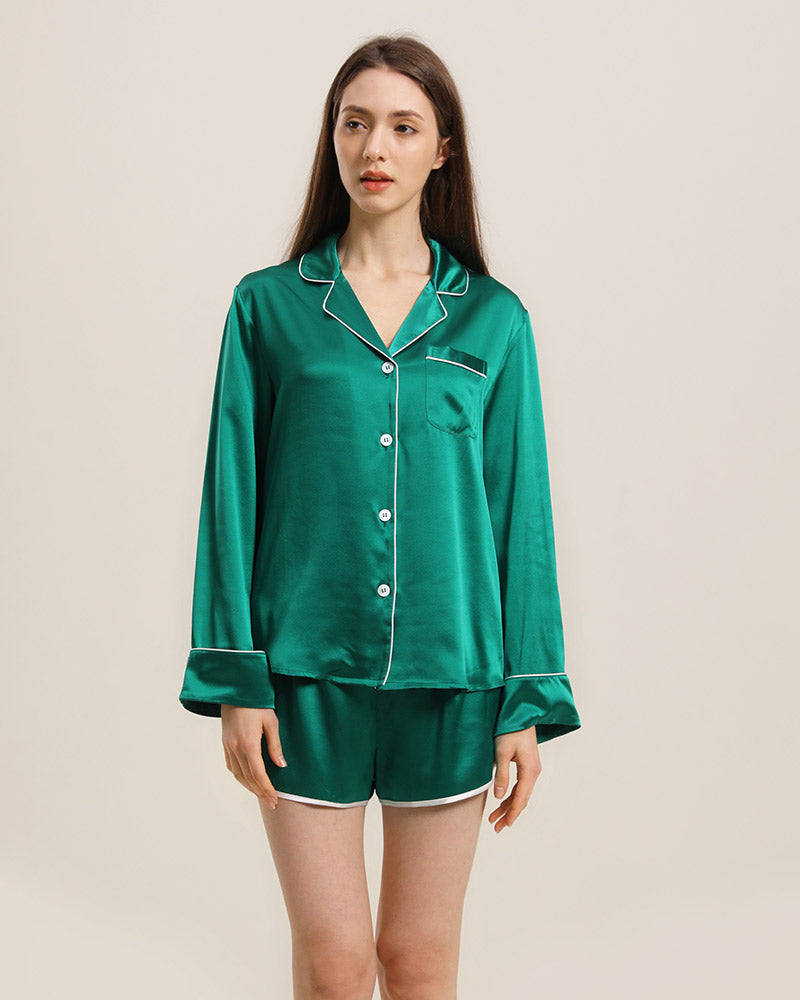 Relax Silk Shirt Shorts Pajamas Set, Dark Green