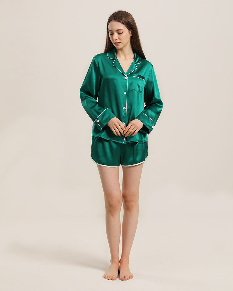 Relax Silk Shirt Shorts Pajamas Set, Dark Green