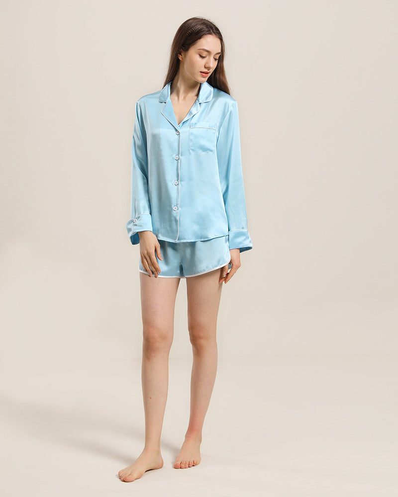 Relax Silk Shirt Shorts Pajamas Set, Sky Blue