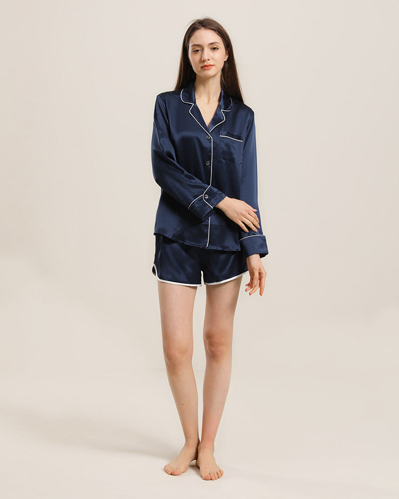 Relax Silk Shirt Shorts Pajamas Set, Navy