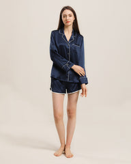 Relax Silk Shirt Shorts Pajamas Set, Navy