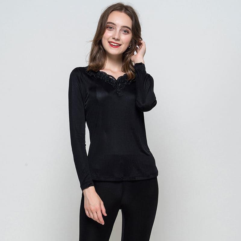 100% Silk Women Thermal Underwear Set, Black
