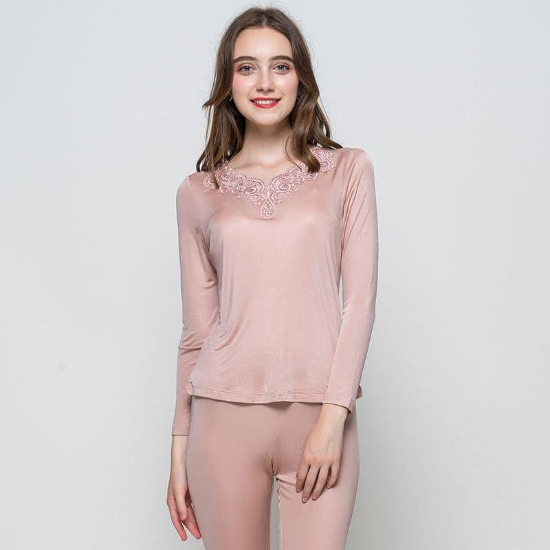 100% Silk Women Thermal Underwear Set, Pink
