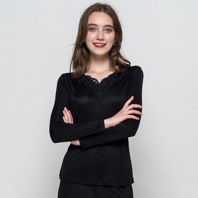 100% Silk Women Thermal Underwear Top, Black
