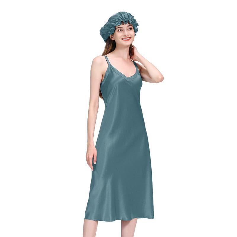 Womens Long Silk Nightgown, Haze Blue