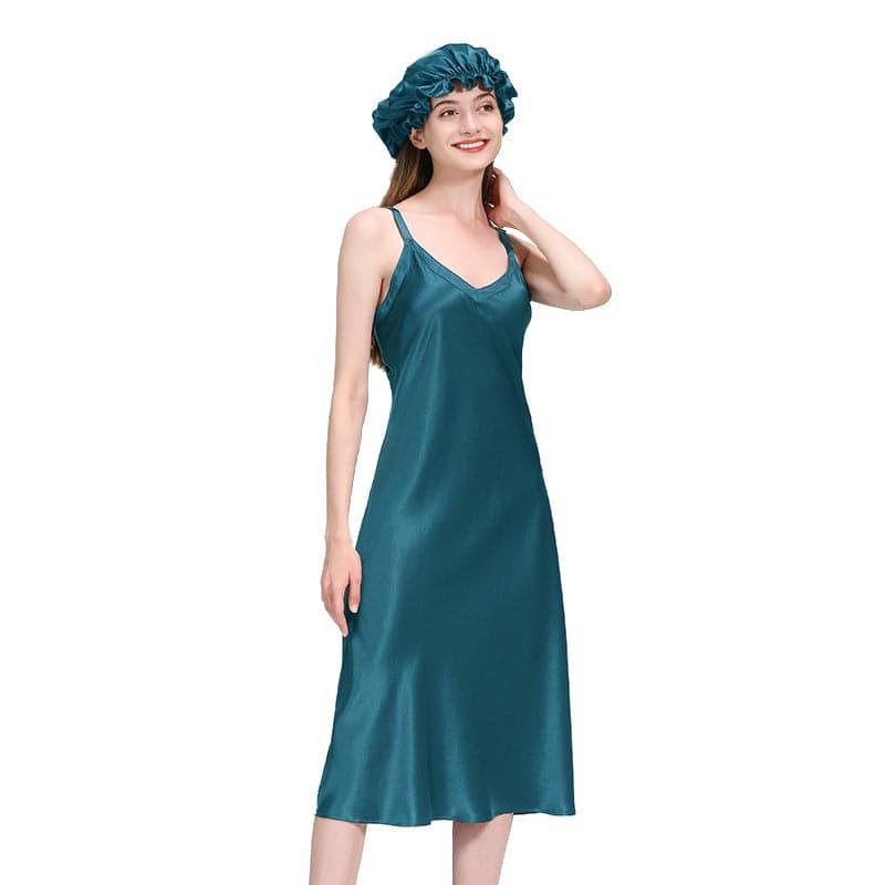 Womens Long Silk Nightgown, Peacock Blue